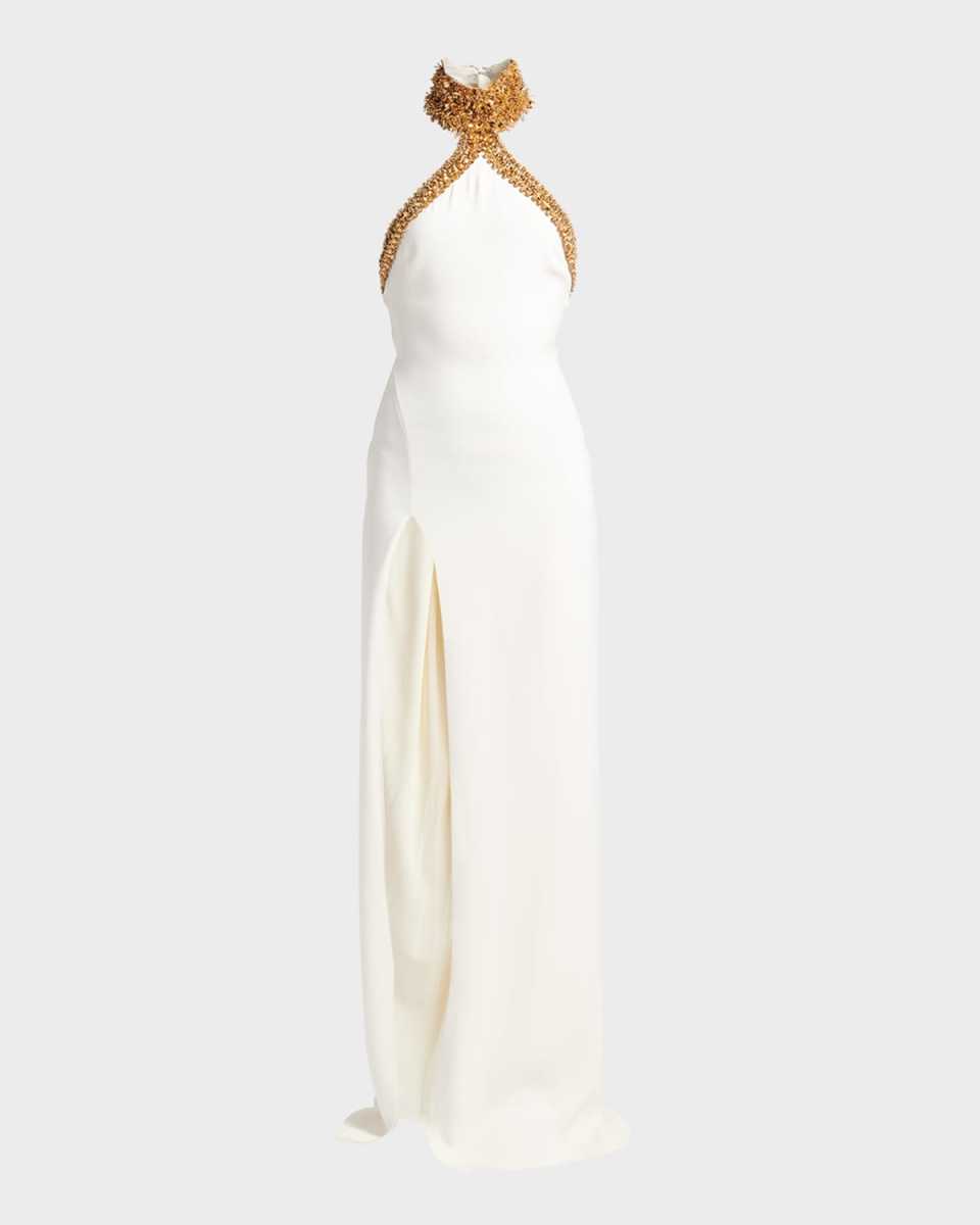 Embellished Mock-Neck Halter Slit-Hem Evening Gown